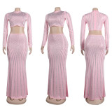 Long Sleeve Hot Drill Tight Tops And Fishtail Skirt 2 Piece Set NY-2856