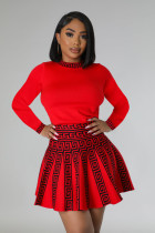 Fashion Long Sleeve Print Knit Pleated Mini Dress OSM-4406