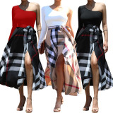 One Shoulder Printed Color Block Split Maxi Dress YF-10635