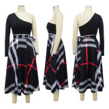 One Shoulder Printed Color Block Split Maxi Dress YF-10635