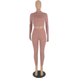 Solid Color Long Sleeve Tops Leggings Pants Two Piece Set YH-5182