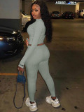 Solid Color Long Sleeve Tops Leggings Pants Two Piece Set YH-5182