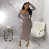 Long Sleeve Square Neck Slim Split Midi Dress YF-10647