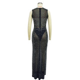 Mesh Solid Color Hot Drill Sleeveless Maxi Dress BY-6663