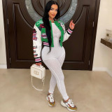 Fashion Print Long Sleeve Rib Patchwork Baseball Jacket YNSF-2618