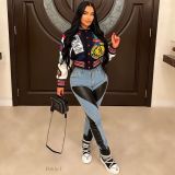 Fashion Print Long Sleeve Rib Patchwork Baseball Jacket YNSF-2618