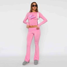 Letter Print Long Sleeve Wide Leg Pants Two Piece Set CXLF-8161