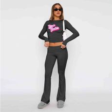 Letter Print Long Sleeve Wide Leg Pants Two Piece Set CXLF-8161