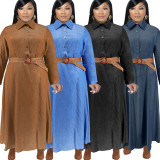 Fashion Denim Lapel Long Sleeve Long Dress(With Waist Belt) GDAM-218321