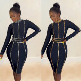Plus Size Slim Hot Drilling Long Sleeve Bodycon Dress NY-2867