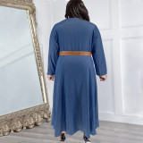Fashion Denim Lapel Long Sleeve Long Dress(With Waist Belt) GDAM-218321