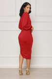 Solid V Neck Irregular Midi Dress GYLY-10307
