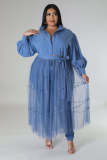 Plus Size Solid Bubble Sleeve Mesh Patchwork Maxi Dress OSM-4501