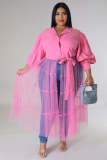 Plus Size Solid Bubble Sleeve Mesh Patchwork Maxi Dress OSM-4501