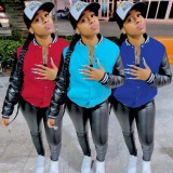Fashion Color Block Leather Sleeve Baseball Jacket WMEF-20036