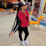 Fashion Color Block Leather Sleeve Baseball Jacket WMEF-20036