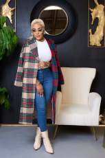 Plaid Color Blocking Long Sleeve Long Coat ZDF-31303