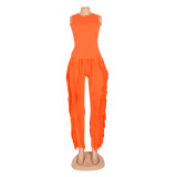 Solid Color Sleeveless Tops And Tassel Pants 2 Piece Set AIL-AL220