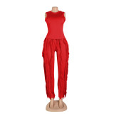 Solid Color Sleeveless Tops And Tassel Pants 2 Piece Set AIL-AL220