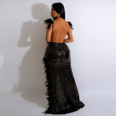 Sexy Feather Halter High Split Sequin Backless Dress CYA-900214