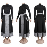 Plus Size Fashion Plaid Patchwork Split Long Skirt Two Piece Set  NY-10608
