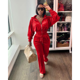 Velvet Elastic Waist Zipper Jacket Trouser Two Piece Set DDF-88223