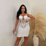 Plus Size Rhinestone Pearl Hollow Out Mini Dress NY-2883