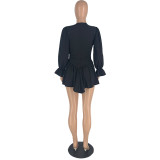 Pleated V-neck Ruffle Sleeve Mini Dress YH-5308