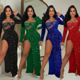 Solid Color Sequin Sexy Split Maxi Dress BY-6725