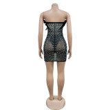 Solid Color Mesh Hot Rhinestone Feather Dress BY-6669