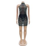 Mesh Solid Color Hot Drill Halter Dress BY-6703