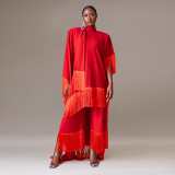 Middle Eastern Scarf Collar Tassel Robe Wide Leg Pants Set MUE-7999