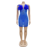 Solid Color Mesh Hot Rhinestone Feather Dress BY-6669