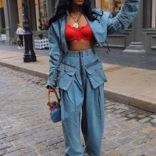 Vintage Zipper And Wide Leg Pants Denim 2 Piece Set  YMEF-51015