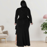Plus Size Long Sleeve Solid Color Tie Up Maxi Dress GDAM-218253
