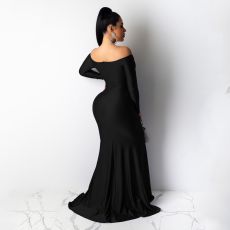 Solid Color V Neck Split Maxi Dress AIL-AL143