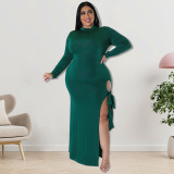 Plus Size Long Sleeve Solid Color Tie Up Maxi Dress GDAM-218253