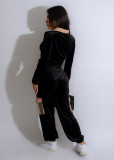 Printed Plaid Patchwork Gold Velvet Two Piece Pants Set TE-4648