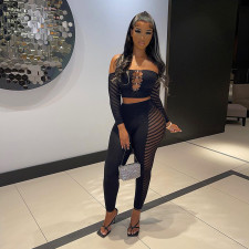 Mesh Hollow Out Wrap Chest Tops Two Piece Pants Set MXBF-K23ST156