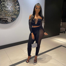 Mesh Hollow Out Wrap Chest Tops Two Piece Pants Set MXBF-K23ST156
