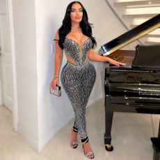 Plus Size Mesh Hot Drill Sling Tight Jumpsuit NY-2901
