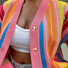 Contrast Color Knit Stripe Long Sleeve Loose Coat XEF-36216
