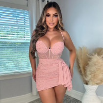 Plus Size Hot Drill Splicing Sling Pleated Mini Dress NY-2870