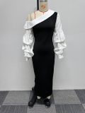 Plus Size Color Contrast Split Lantern Sleeve Midi Dress NY-10652