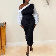 Plus Size Color Contrast Split Lantern Sleeve Midi Dress NY-10652