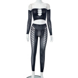 Mesh Hollow Out Wrap Chest Tops Two Piece Pants Set MXBF-K23ST156