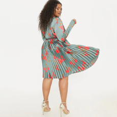 Plus Size Print V Neck Pleated Midi Dress NNWF-7957