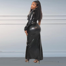 Plus Size Skinny Split Single Sleeve PU Leather Dress NY-2928