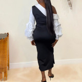 Plus Size Color Contrast Split Lantern Sleeve Midi Dress NY-10652