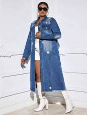 Fashion Holes Long Sleeve Denim Long Coat LX-6017